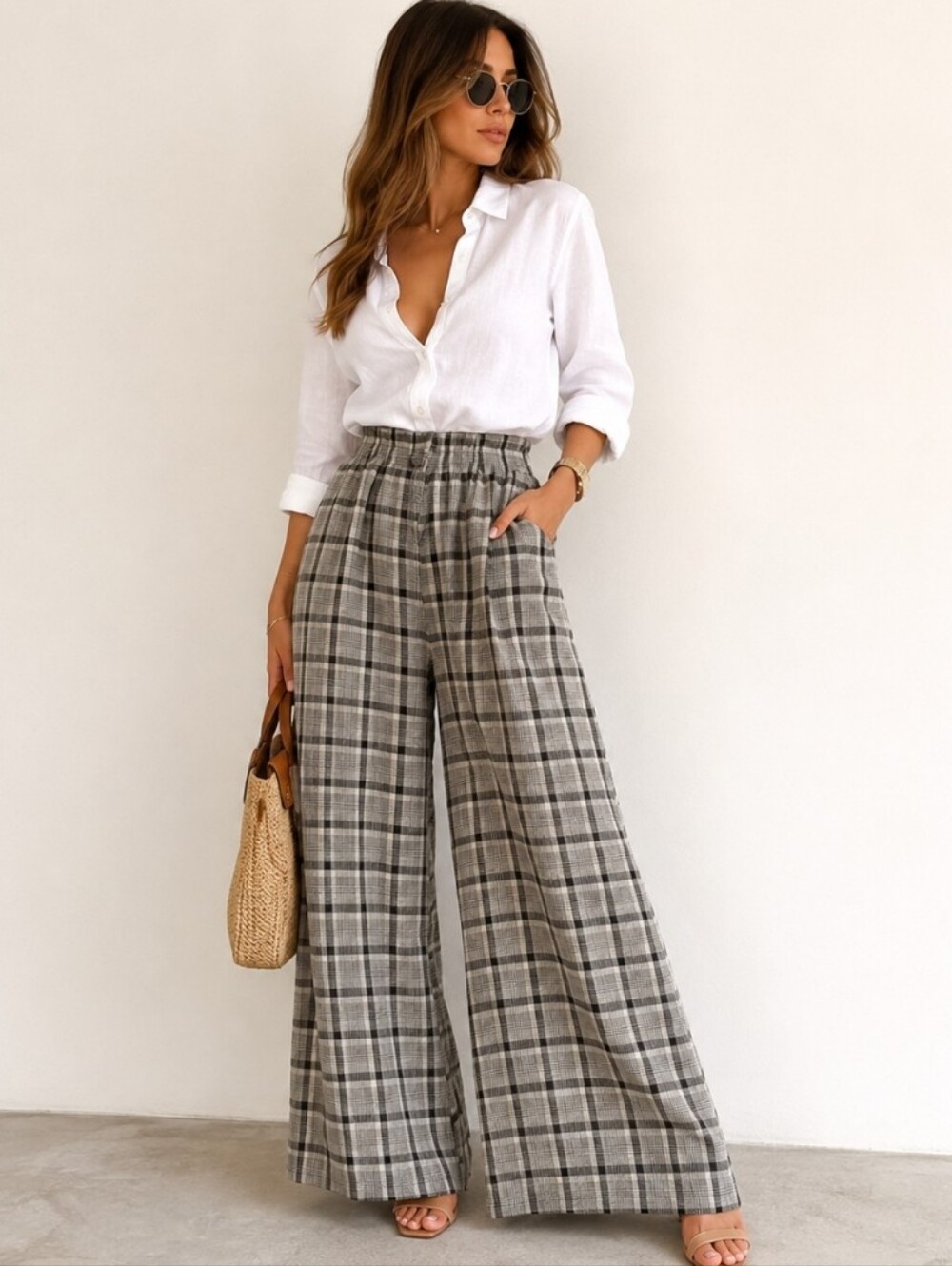 Massimo Dutti Gray Plaid Wide-Leg Linen-Blend Pants